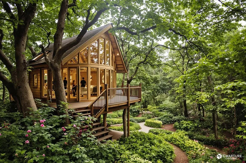 Cabane des amoureux perchée et cabane dans jardin secret